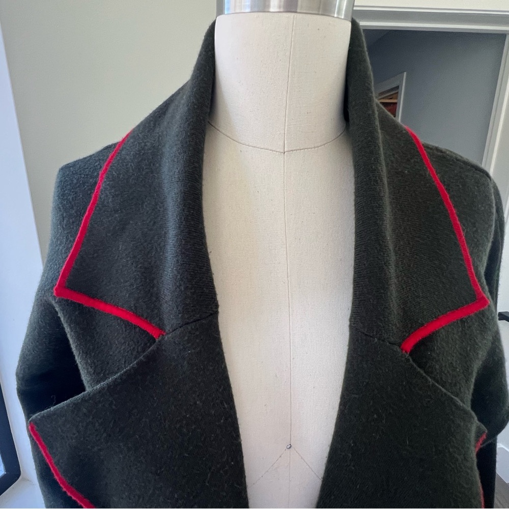 ZARA dark forest green knit cardigan with red piping.